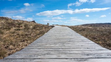 Connemara Ulusal Parkı 'ndaki Diamond Hill Yürüyüşü' nde tahta tahta kaldırım İrlanda 'nın batısındaki Galway ilçesi..
