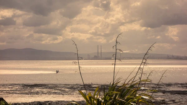Dublin Körfezi 'nden Sutton, Dublin, İrlanda' dan Poolbeg Enerji İstasyonu 'na doğru bakın.. 