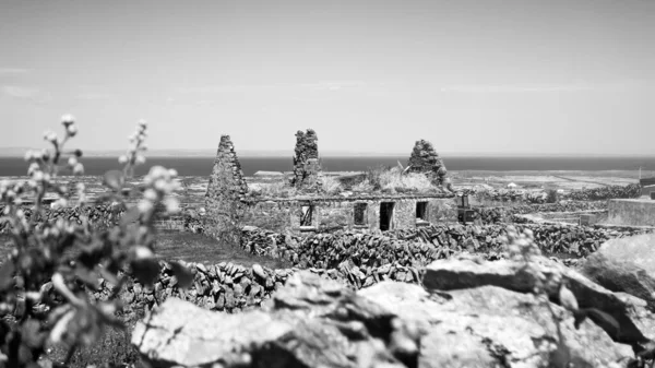 İrlanda 'nın batısındaki Galway kıyısındaki Aran Adaları' ndan biri olan Inishmaan (İnis Meain) 'deki harabe ve terk edilmiş bir kulübenin siyah ve beyaz görüntüsü..