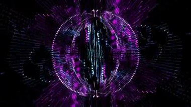 Dans eden pembe ve mavi neon parçacıkları ve ışık huzmeleri olan dinamik enerji küresi. Tam HD ve döngü hareketi arkaplanı.