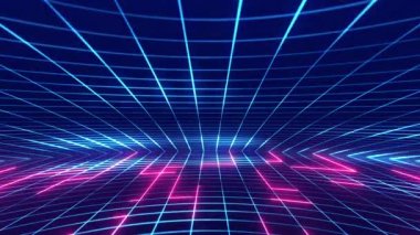 Akan mavi siber punk ızgarası ve parlayan pembe neon çizgileri olan geçmişe dönük animasyon. Tam HD ve döngü hareketi arkaplanı.