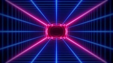 Geçmişe dönük siber punk ızgara ızgara tünel hareketi arka planında parlayan pembe ve mavi neon ışıklar.