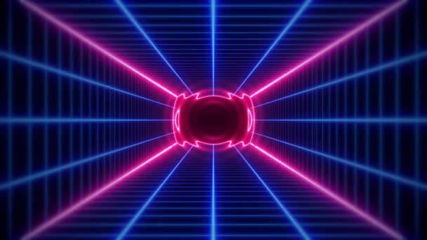 Retro Futuristico Cyberpunk Griglia Tunnel Movimento Sfondo Con Incandescente Rosa — Video Stock