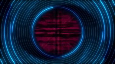 Soyut teknoloji arka planında dönen mavi parlak neon daireler ve yanıp sönen kırmızı veriler var. Bu modern hareket arka planı tam HD ve kusursuz bir döngüdür..