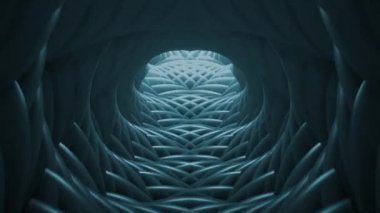 Soyut spiral fütüristik mavi tünel arkaplanı ve bükülmüş simetrik geometrik şekiller. Tam HD ve döngü hareketi arkaplan canlandırması.