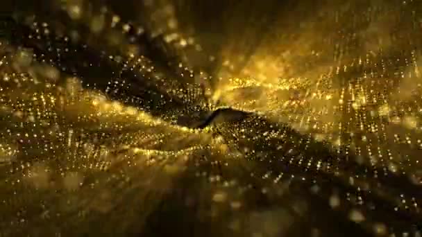 輝く金色の粒子と輝く光の光の流れのデジタルフラクタル波を持つ要約技術の背景 この現代的な動きの背景はフルHdとシームレスなループです — ストック動画