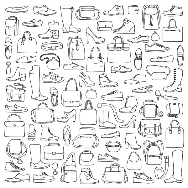 Man and woman doodle shoes and bags — Stock Vector