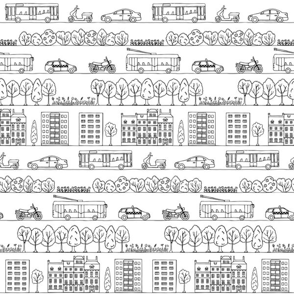 Seamless pattern with hand drawn city street 
