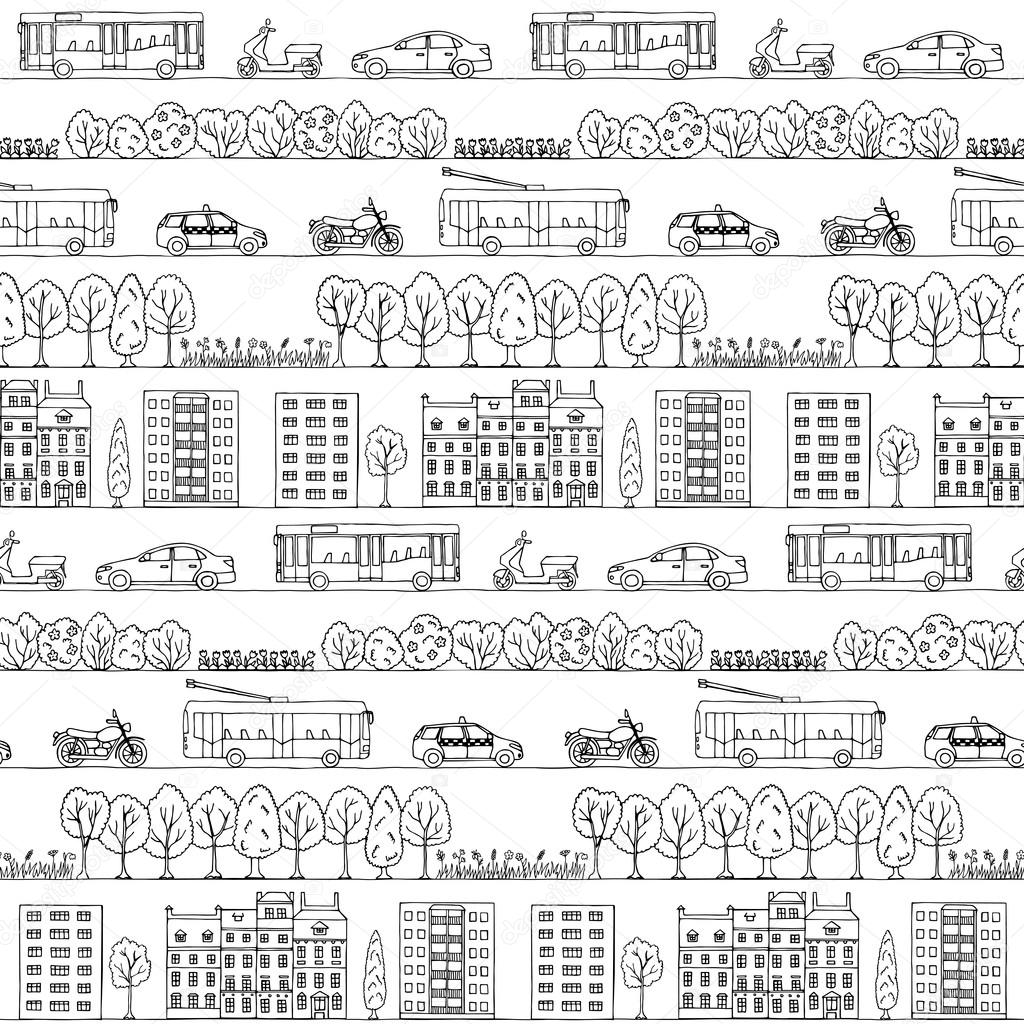 Seamless pattern with hand drawn city street 