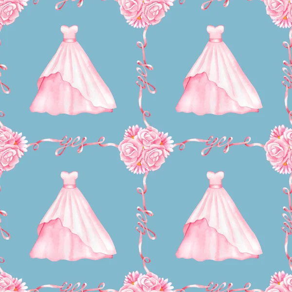 Bröllop klänning akvarell seamless mönster — Stockfoto