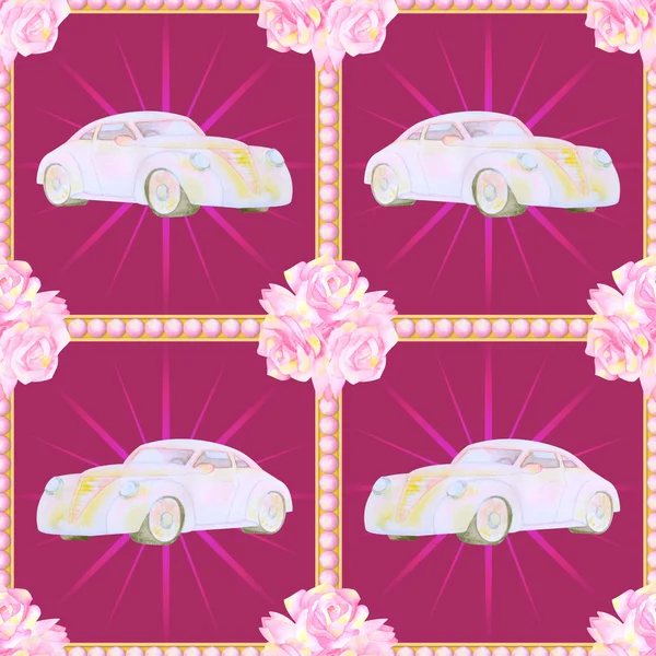 Watercolour seamless pattern with cars and flowers — ストック写真