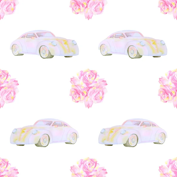 Watercolour seamless pattern with cars and flowers — Stockfoto