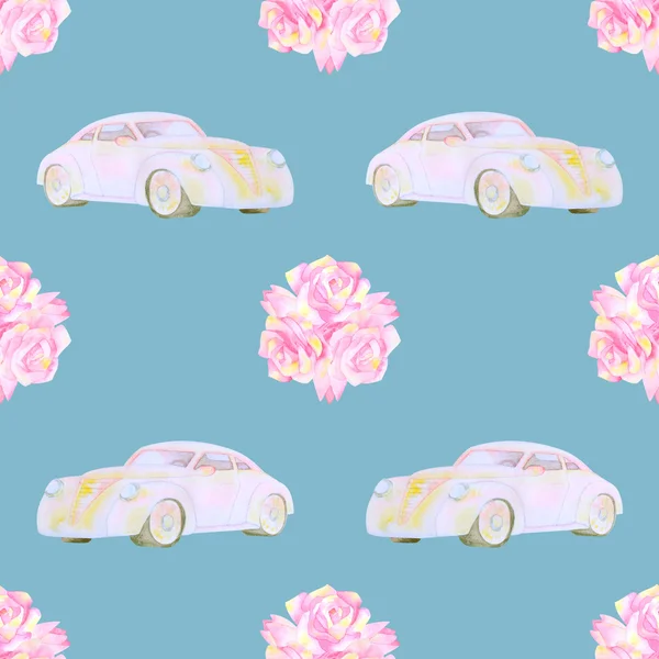 Watercolour seamless pattern with cars and flowers — 图库照片