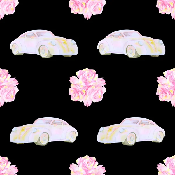 Aquarelle motif sans couture avec voitures et fleurs — Photo