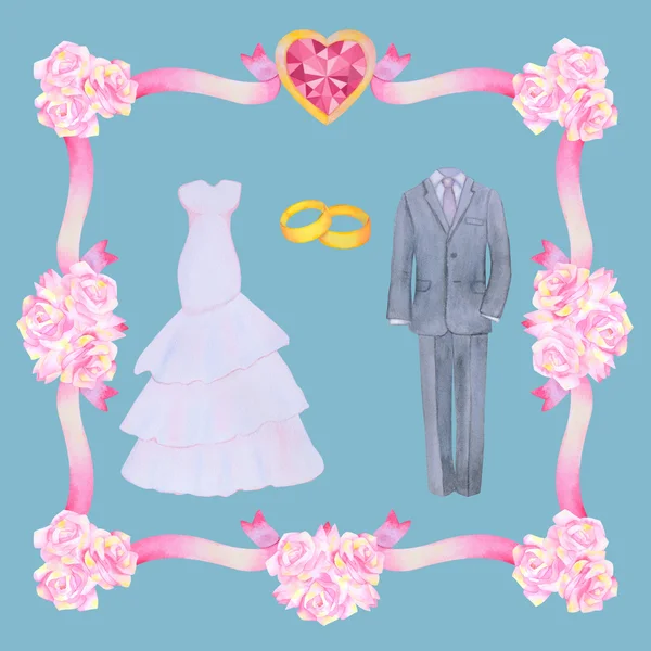 Свадебные элементы в цветочной рамке — стоковое фото