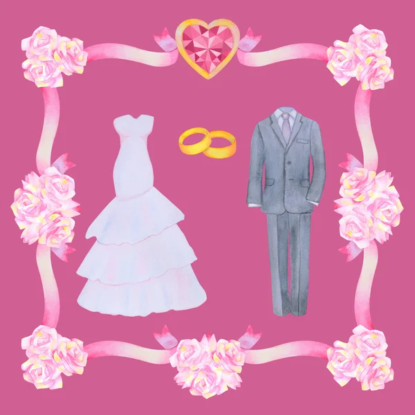 Elementi di nozze in cornice fiori — Foto Stock