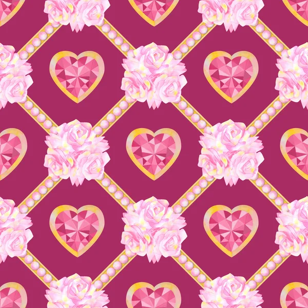 하트와 꽃의 수채화 매끄러운 패턴 — 스톡 사진