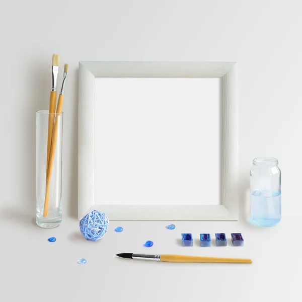 Finta cornice quadrata con acquerello blu — Foto Stock