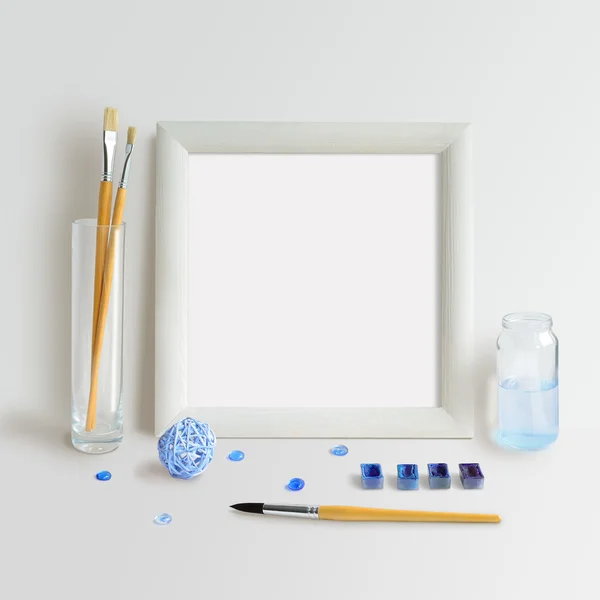 Square Frame Mock Up met blauwe waterverf — Stockfoto