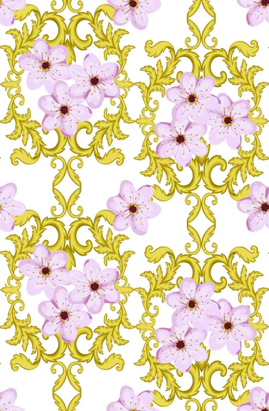 Seamless Gold Pattern with Cherry Blossom — Stock Vector