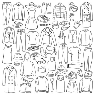 Erkek ve kadın giysileri ile küme doodle