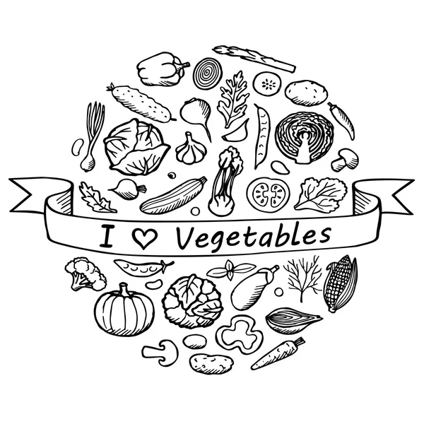 Doodle Set jag älskar grönsaker — Stock vektor