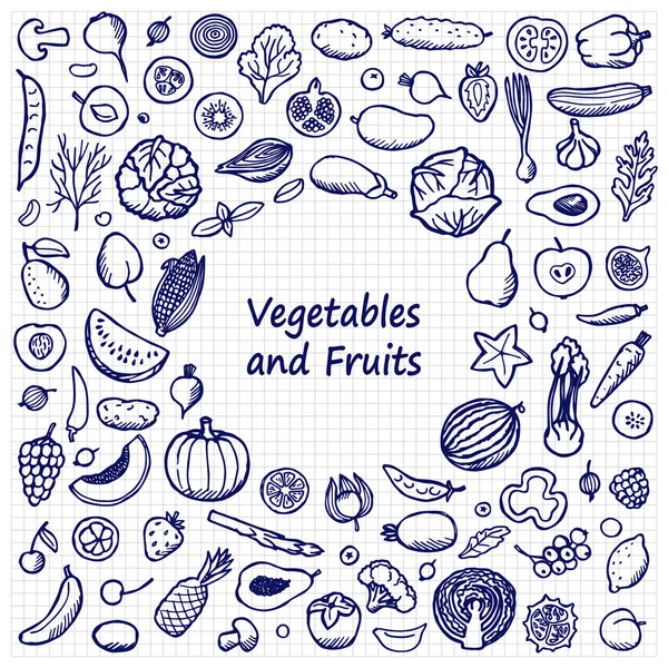 Vegetables and Fruits Doodle Frame — Stock Vector