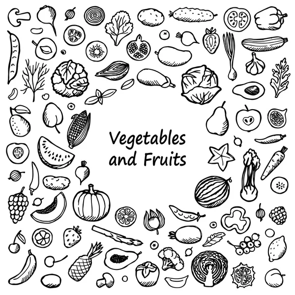 Moldura de doodle de legumes e frutas — Vetor de Stock