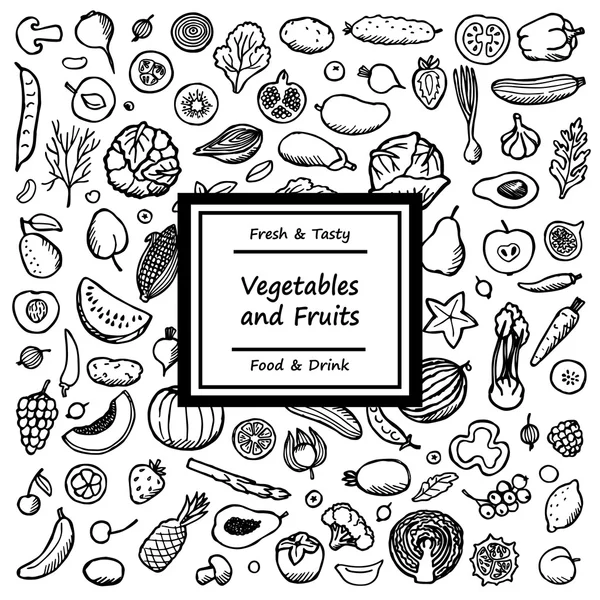 Tarjeta Doodle Verduras y Frutas — Vector de stock