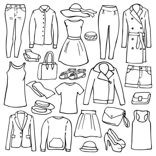 Doodle set met kleding vrouw — Stockvector