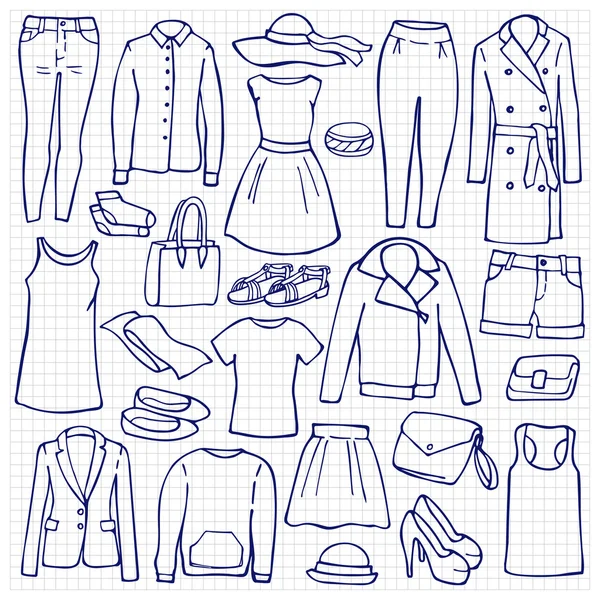 Doodle set met kleding vrouw — Stockvector