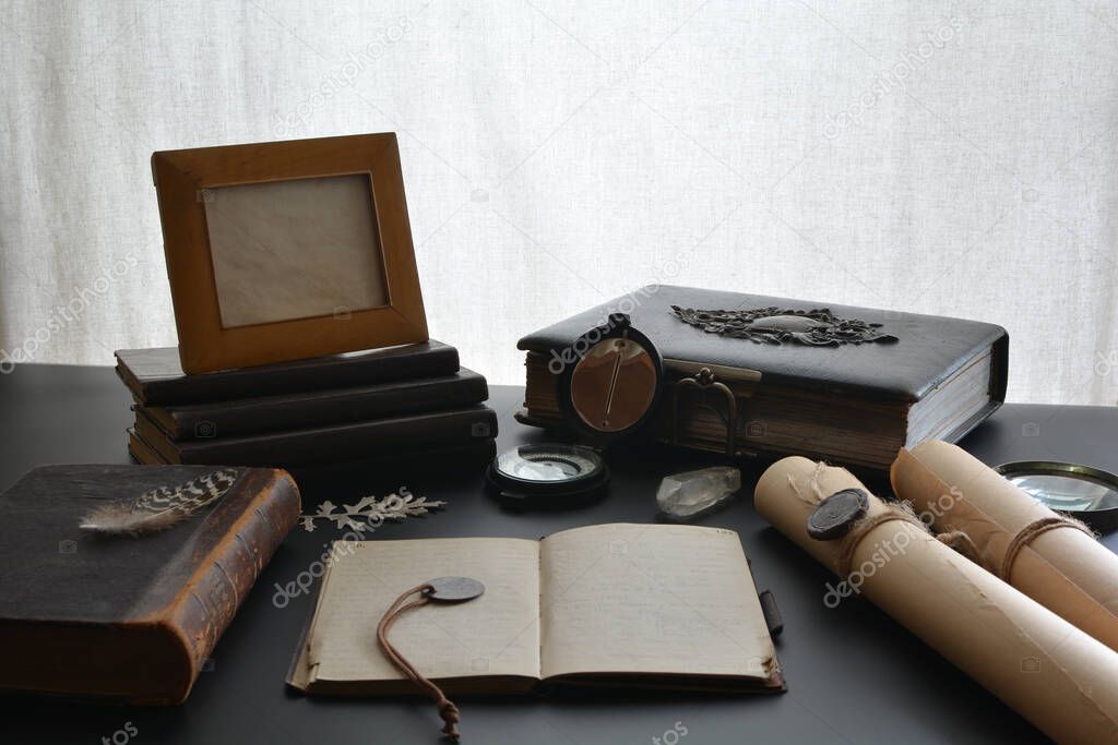 Retro composition on desk with traveler items