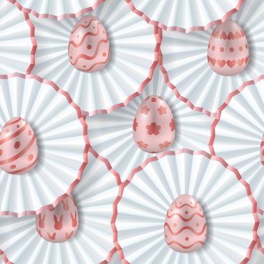 Paskalya aralıksız pembe ve beyaz desenli, gerçekçi altın yumurtalar ve kağıt çiçeklerle