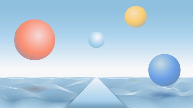 Uzaylı doğası ve yolu olan soyut bir manzara. Gezegenler, dalgalar ve yol ufkun ötesine uzanır.