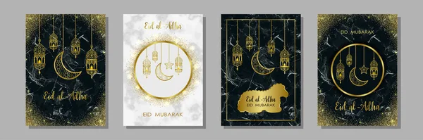 Шаблоны Eid Adha Мрамора Рисунок Мубарака Арабским Золотым Фонарем Золотой — стоковый вектор