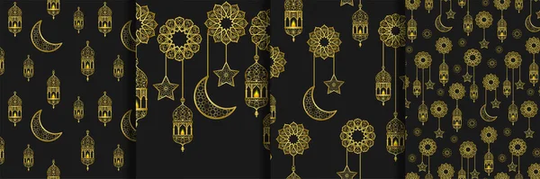 Безшовні Візерунки Кордон Встановлені Арабським Золотим Ліхтарем Золотим Півмісяцем Зірками — стоковий вектор