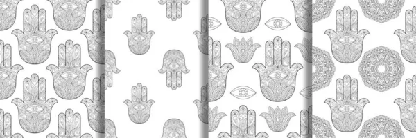 Ornate Hand Drawn Hamsa Seamless Patterns Set Hand Fatima Eye — Stock Vector