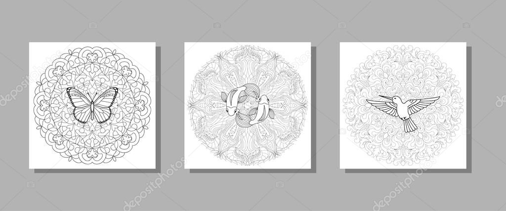 Hummingbird, butterfly and fishes mandala composition set for textile and t shirt prints, tattoo, coloring books