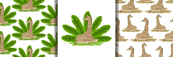 Бесшовные Узоры Набор Печати Жирафов Банановых Зеленых Листьев Вентилятора Тропические — стоковый вектор