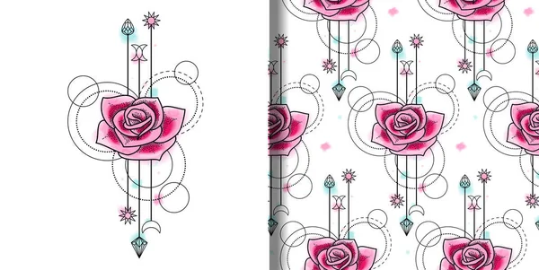 Векторная Акварельная Роза Бесшовный Узор Геометрическими Элементами Современные Обои Текстиля — стоковый вектор