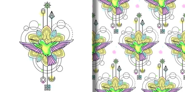 Impression Techno Abstraite Aquarelle Motif Sans Couture Avec Colibri Mandala — Image vectorielle