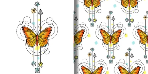 Impression Abstraite Techno Aquarelle Motif Sans Couture Avec Papillon Éléments — Image vectorielle