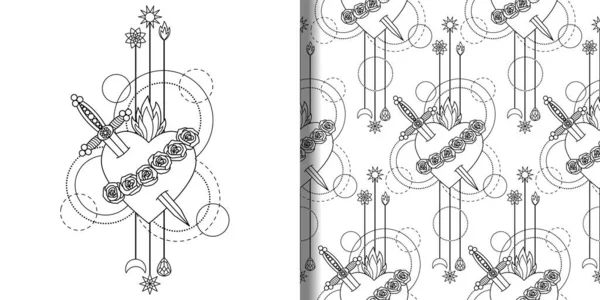 聖母マリアの汚れのない心のプリントとシームレスなパターンセット 黒と白の着色ページ 繊維とTシャツプリント タトゥー — ストックベクタ