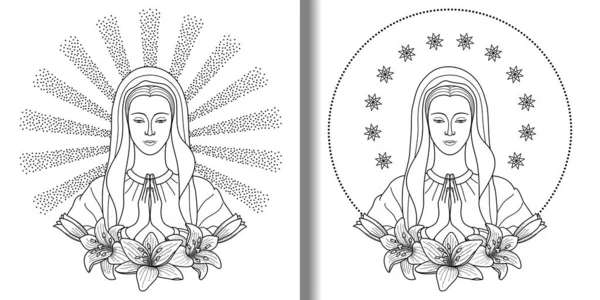 Praying Virgin Mary Stars Rays Lilies Print Set Outline Religious — Stock Vector