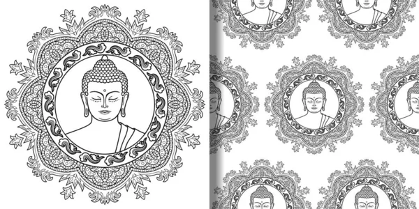 Druck Und Nahtlose Muster Von Buddha Mit Mandala Moderne Tapeten — Stockvektor