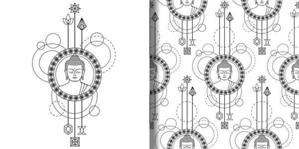 Ensemble Motifs Imprimés Sans Couture Tête Bouddha Avec Des Éléments — Image vectorielle