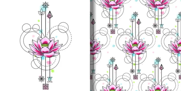 Abstrato Watercolor Lotus impressão e padrão sem costura — Vetor de Stock