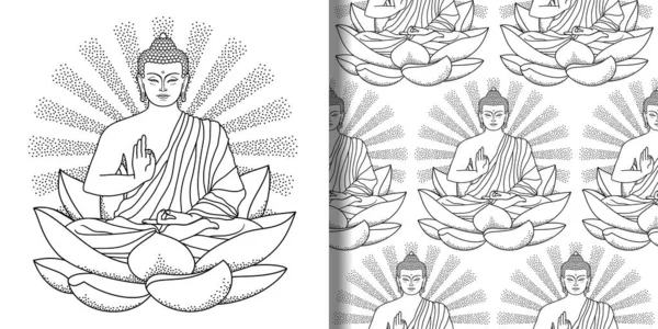 Buddha sitter på Lotus tryck och sömlöst mönster — Stock vektor