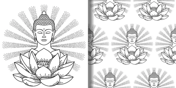 Buddha mit Strahlen und Lotusdruck und nahtlosem Muster — Stockvektor