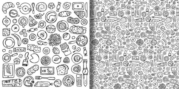 Hand drawn Breakfast print and seamless pattern set — Stock Vector